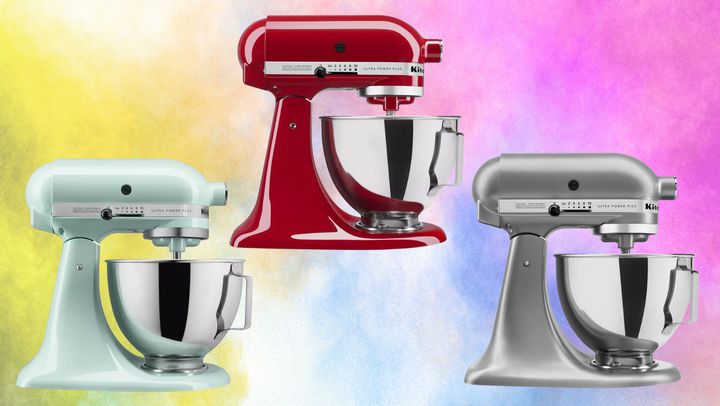 Kitchen-Aid stand mixers in ice blue, red, and light silver