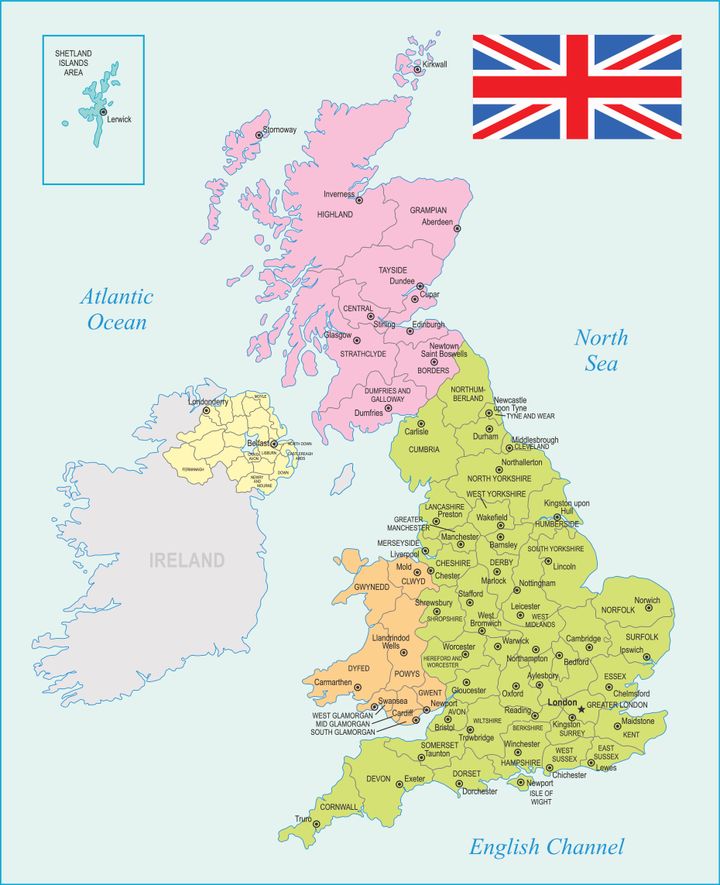 4つの国からなるイギリス。緑の部分がイングランド、オレンジがウェールズ、赤がスコットランド、黄が北アイルランド