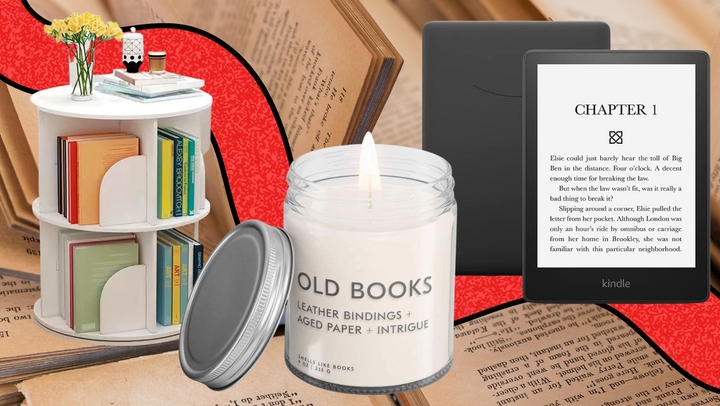 A rotating bedside bookshelf, hand-poured soy candle that's scented like old books and a Kindle Paperwhite e-reader.