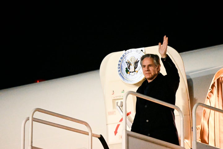 Secretary of State Antony Blinken arrives at the Bucharest Henri Coanda International Airport in Romania, on Nov. 29, 2022, ahead of a NATO meeting. 