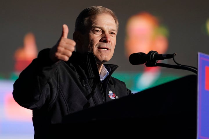 Rep. Jim Jordan, R-Ohio, speaks before former President Donald Trump at a rally at Dayton International Airport on Nov. 7, 2022, in Vandalia, Ohio. House Republicans are promising aggressive oversight of the Biden administration once they assume the majority next year. They are planning to take particular focus on the business dealings of presidential son Hunter Biden, illegal immigration at the U.S-Mexico border and the originations of COVID-19.