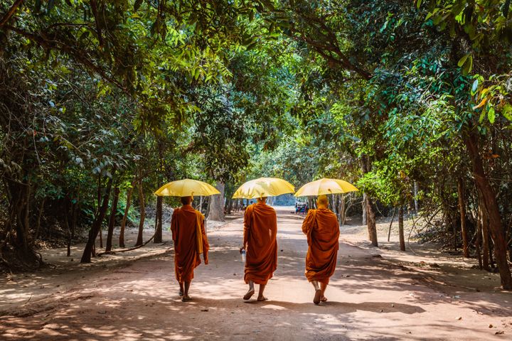 Buddhist monks at the temple ruins of Angkor, Siem Reap, Cambodia