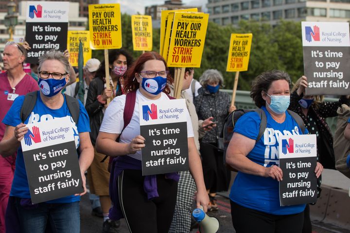 NHS staff march from St Thomas' Hospital to Downing Street to protest against the NHS Pay Review Body's recommendation of a 3% pay rise for NHS staff in England.