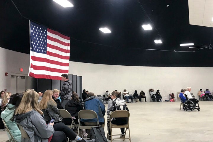 This photo provided by Craig Ceecee shows a tornado shelter opened by the Oktibbeha County Emergency Management agency on Nov. 29, 2022, in Starkville, Miss. Ceecee, a meteorologist at Mississippi State University, said the shelter is located in a dome-shaped multipurpose facility capable of withstanding 250 mph winds. 