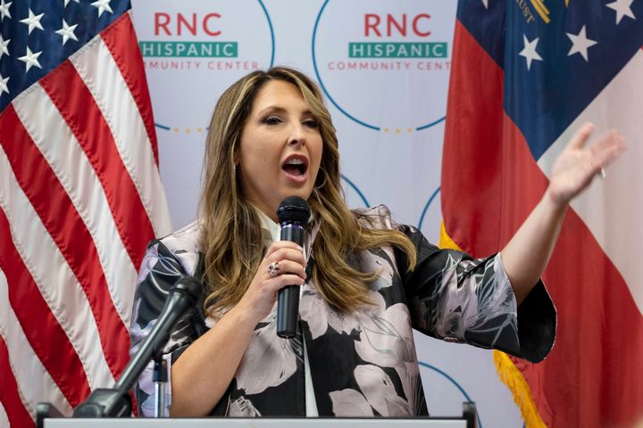 Republican National Committee Chair Ronna McDaniel speaks to a packed room at the opening of the RNC's new Hispanic Community Center in Suwanee, Ga., on June 29, 2022.