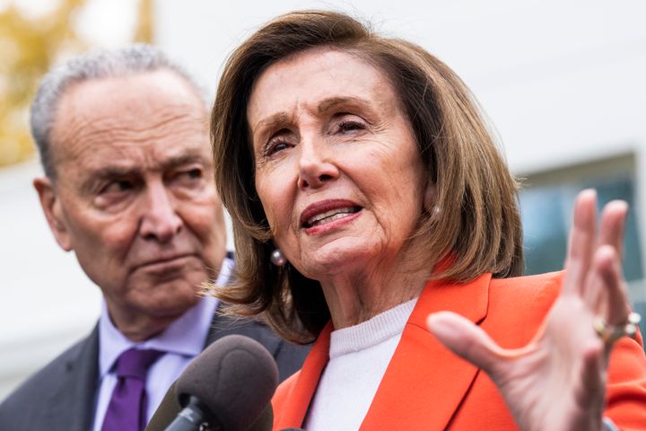 Speaker of the House Nancy Pelosi (D-Calif.) and Senate Majority Leader Chuck Schumer (D-N.Y.) address the media after a meeting about avoiding a railroad worker strike with President Joe Biden at the White House on Tuesday.