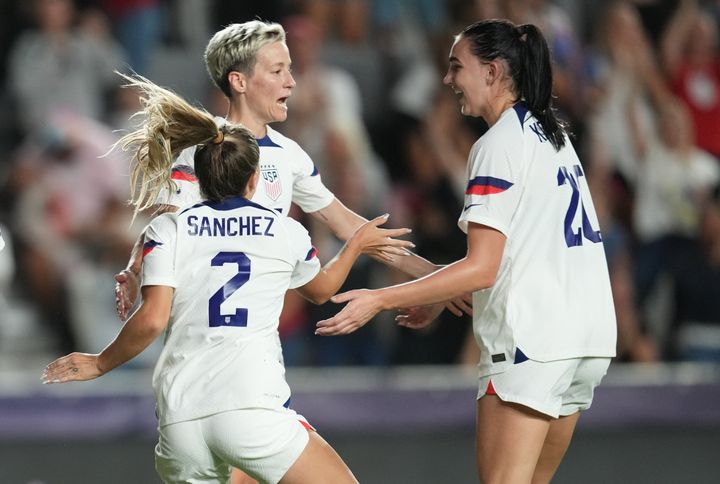 Megan Rapinoe of the U.S. Women’s National Team celebrates a goal with her teammates during a recent match against Germany.
