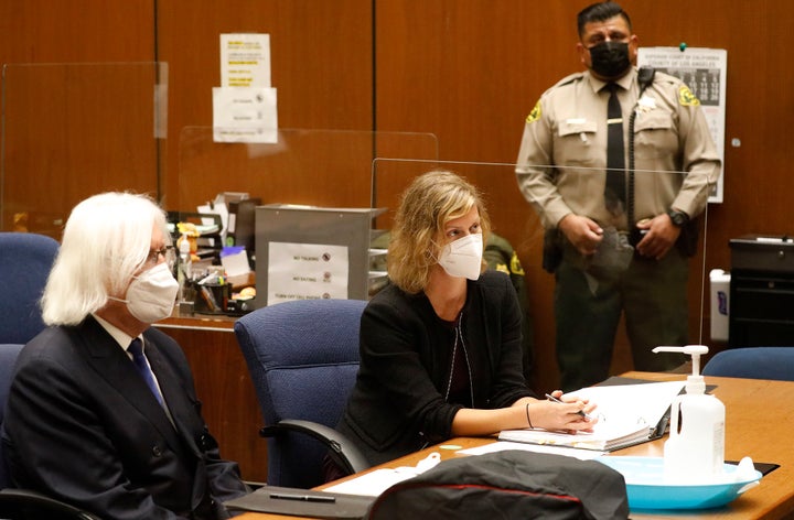 LOS ANGELES, CA - OCTOBER 19: Criminal Defense attorney Sharon Appelbaum who is representing actor Danny Masterson with defense attorney Thomas Mesereau, left, addresses the judge during a hearing in Los Angeles Superior Court Monday October 19, 2020. That 70s Show cast member Masterson has been accused of raping multiple women at his Hollywood Hills home. Superior Court on Monday, Oct. 19, 2020 in Los Angeles, CA. (Al Seib / Los Angeles Times
