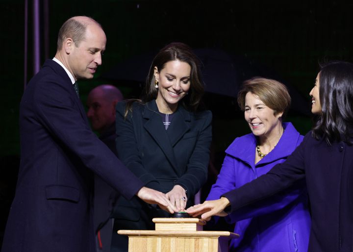 The Prince and Princess of Wales with Massachusetts Gov.-elect Maura Healey and Boston Mayor Michelle Wu (right) as they kick off Earthshot celebrations Wednesday by lighting up Boston at Speaker’s Corner by City Hall.