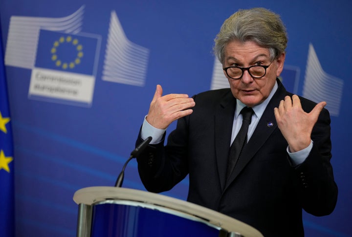 FILE - European Commissioner for Internal Market Thierry Breton speaks during a signature ceremony regarding the Chips Act at EU headquarters in Brussels, on Feb. 8, 2022. Breton warned Elon Musk on Wednesday Nov. 30, 2022 that Twitter needs to beef up measures to protect users from hate speech, misinformation and other harmful content to avoid violating new rules that threaten tech giants with big fines or even a ban in the 27-nation bloc. (AP Photo/Virginia Mayo, File)