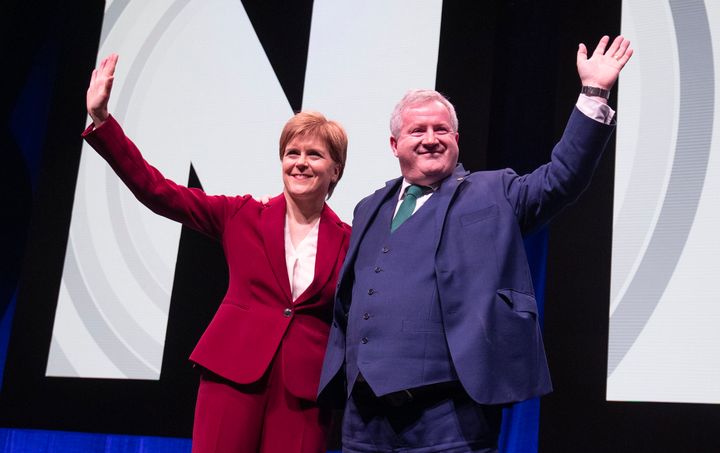 First Minister Nicola Sturgeon with Westminster leader Ian Blackford MP after he delivered his address at the opening of the 2019 SNP autumn conference at The Event Complex Aberdeen (TECA). (Photo by Jane Barlow/PA Images via Getty Images)