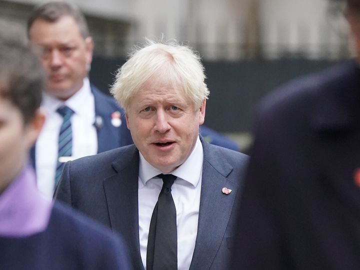 Former prime minister Boris Johnson in Downing Street, London, ahead of the Remembrance Sunday service at the Cenotaph, in Whitehall, London. Picture date: Sunday November 13, 2022.