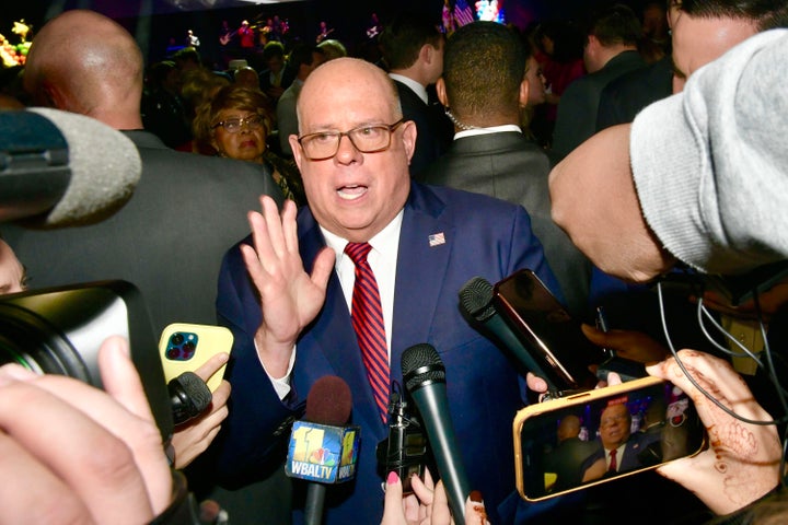 Maryland Gov. Larry Hogan speaks to the media after a fundraising event on Nov. 30, 2022, in Arundel Mills, Maryland. 