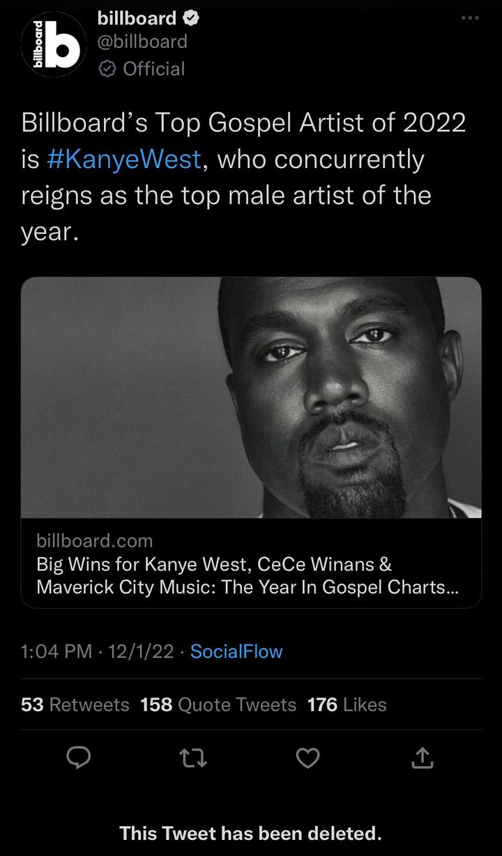 A now-deleted tweet posted by Billboard on Thursday.