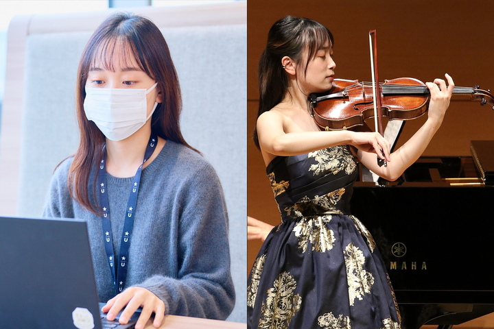 明田川響子(あけたがわきょうこ)さん:桐朋学園大学 音楽学部 卒業。株式会社USEN 企画開発本部。プロヴァイオリニストである明田川さんもSpecial Activity Worker制度を活用。USEN-NEXT GROUP社員としての業務に加え、リサイタルやコンサートに向けた練習にも取り組む日々。