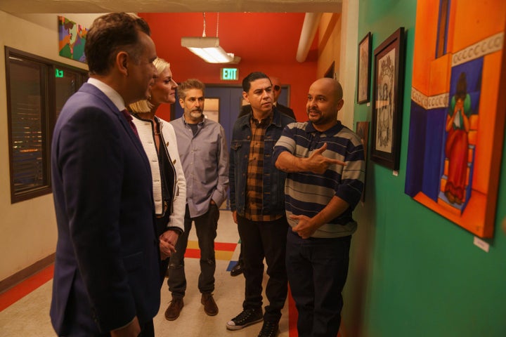 Robert (Fred Armisen), Rhonda (Eliza Coupe), Minister Payne (Michael Imperioli), Julio (Chris Estrada) and Luis (Frankie Quinones) star in Hulu"s "This Fool." 