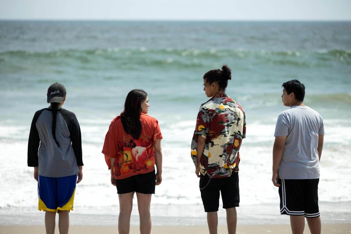 Paulina Alexis as Willie Jack, Devery Jacobs as Elora Danan, D'Pharaoh Woon-A-Tai as Bear, and Lane Factor as Cheese, acting in a scene from "Reservation Dogs."