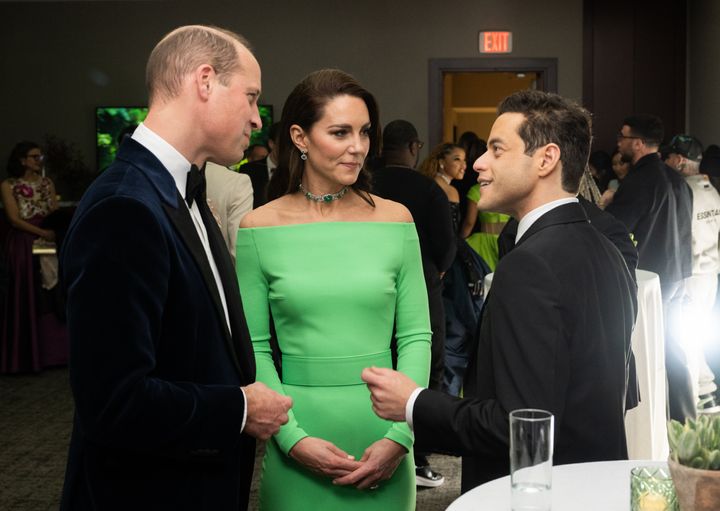 The Prince and Princess of Wales speak with actor Rami Malek backstage after the Earthshot Prize Awards.