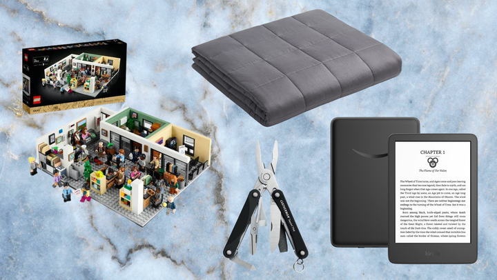 Lego "The Office" set, Leatherman tool, weighted blanket, Kindle e-reader