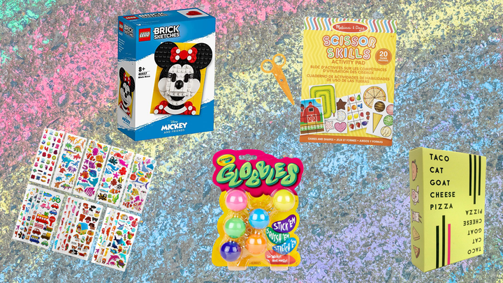 Reusable stickers, Minnie Mouse Lego set, Crayola Globbes fidget toy, Melissa & Doug scissor kit, Taco Cat Goat Cheese Pizza game