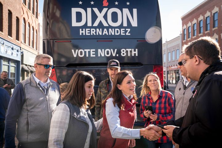 Michigan Republican gubernatorial candidate Tudor Dixon greets the press after she spoke at the Lenawee County GOP office on Nov. 7 in Adrian, Michigan. 