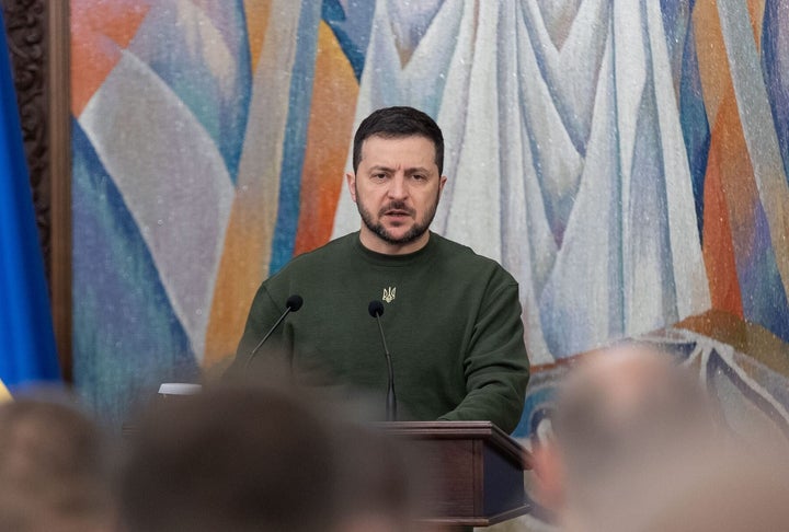 KYIV, UKRAINE - DECEMBER 2: Ukrainian President, Volodymyr Zelenskyy speaks during a ceremony for 331 Ukrainian soldiers and policemen who were freed in a prisoner swap with Russia in Kyiv, Ukraine on December 2, 2022. Soldiers and policemen released from Russian captivity were presented state awards. (Photo by Ukrainian Presidency / Handout/Anadolu Agency via Getty Images)