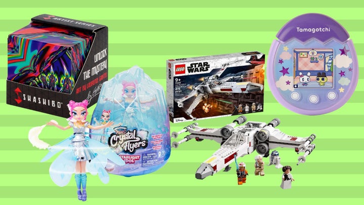 A shape-shifting fidget cube, a Hatchimals crystal flyer, Lego Star Wars X-wing fighter set and a Tamagotchi Pix virtual pet.