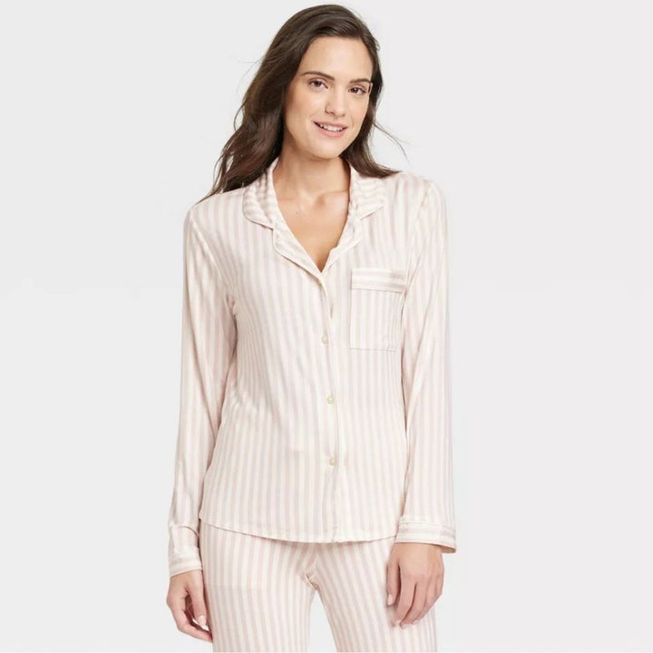 Stars Above pajama set in pink pinstripe. 