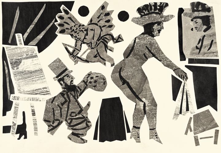 Νίκος Κυριακόπουλος, Ο Έρωτας, ο Lautrec και η Χορεύτρια, μελάνι και κολάζ σε χαρτί, 35εκ x 50εκ.