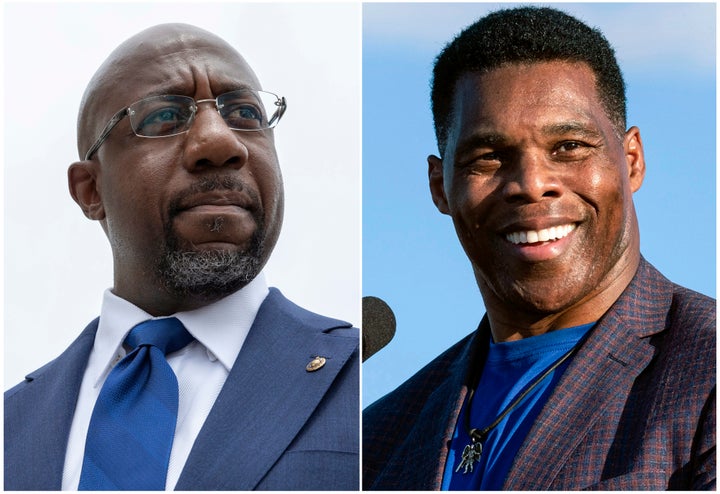 This combination of photos shows, Sen. Raphael Warnock, D-Ga., speaking to reporters on Capitol Hill in Washington, Aug. 3, 2021, left, and Republican Senate candidate Herschel Walker speaking in Perry, Ga., Sept. 25, 2021. Walker is in a runoff election with incumbent Warnock. (AP Photo)