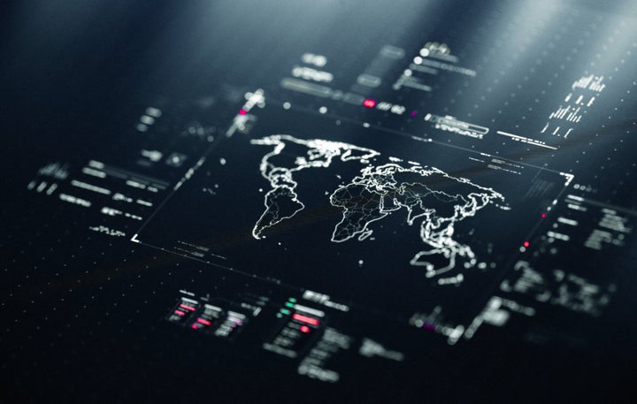 Digital World Map inforgaphics with data charts representing communication, internet and technology