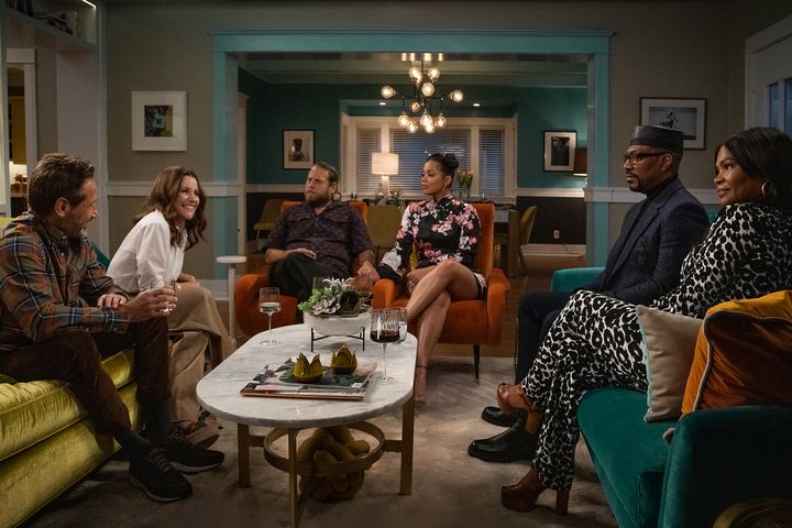 From Left: David Duchovny, Julia Louis-Dreyfus, Jonah Hill, Lauren London, Eddie Murphy and Nia Long on the set of Netflix comedy "You People."