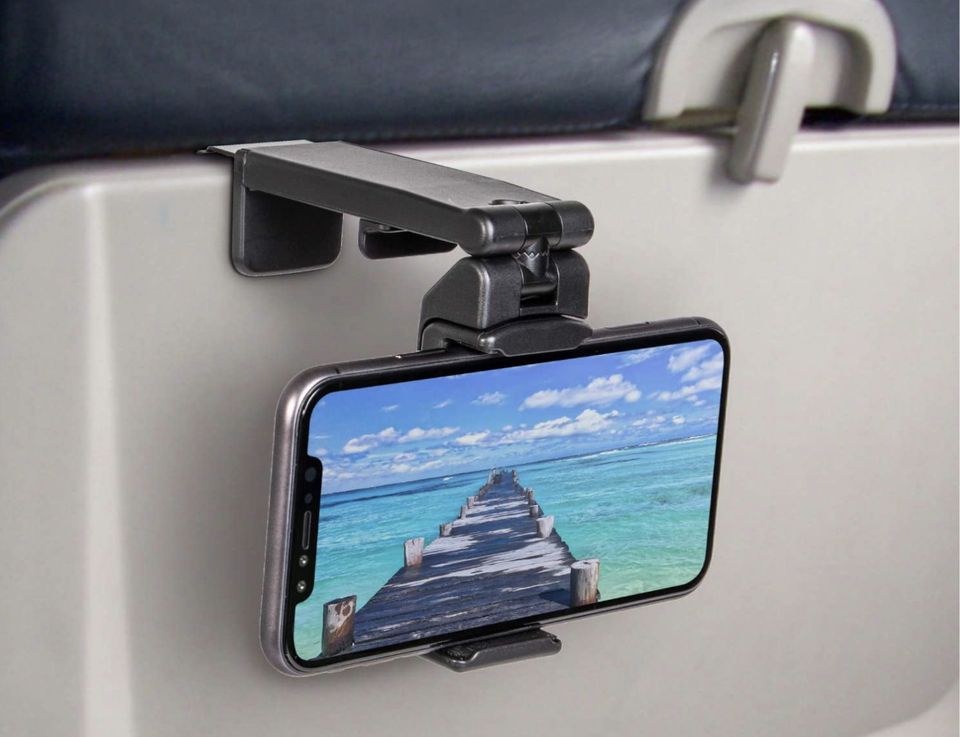 A hands-free (rotating!) phone mount designed for use on all airlines