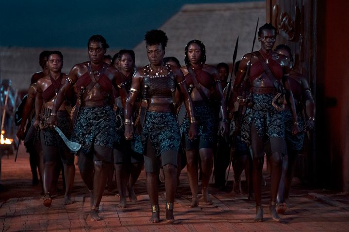 (Front row, from left) Lashana Lynch, Davis, Shelia Atim, (second row, from left) Sisipho Mbopa, Lone Motsomi and Chioma Umeala in "The Woman King."