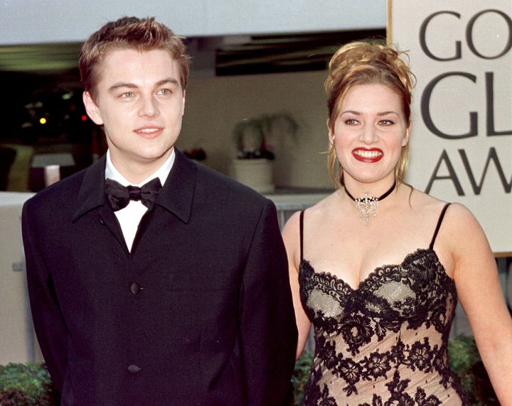 Winslet and her “Titanic” co-star Leonardo DiCaprio attend the Golden Globe Awards in 1998.
