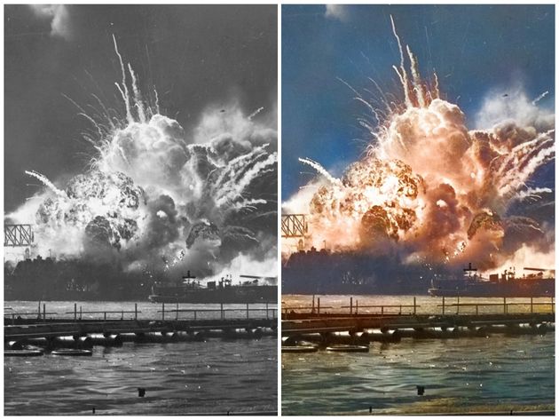 真珠湾攻撃で爆発炎上する駆逐艦「ショー」。元のモノクロ写真（左）とカラー化写真の比較