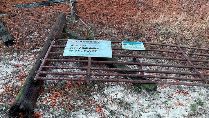 This photos shows the gate to the Duke Energy West End substation in Moore County, N.C. on Dec. 4, 2022.