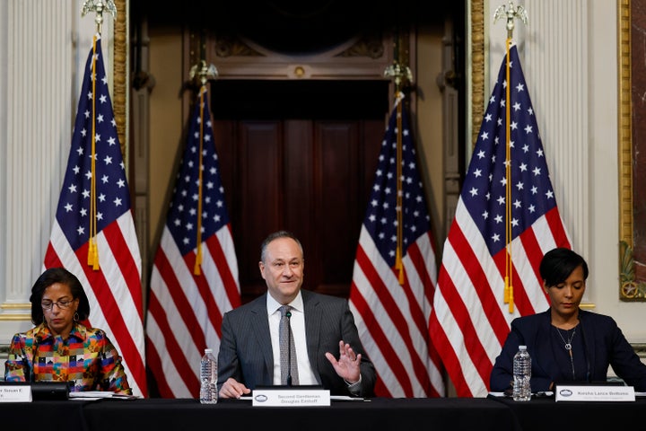 Second gentleman Douglas Emhoff (C) delivers remarks during a roundtable about the rise of antisemitism with White House Domestic Policy Advisor Susan Rice (L) and Senior Advisor to the President for Public Engagement Keisha Lance Bottoms on Dec. 7, 2022 in Washington, D.C.