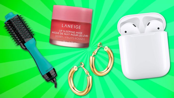 The Revlon One-step volumizer, Laneige lip sleeping mask, Wowshow thick earrings and Apple AirPods