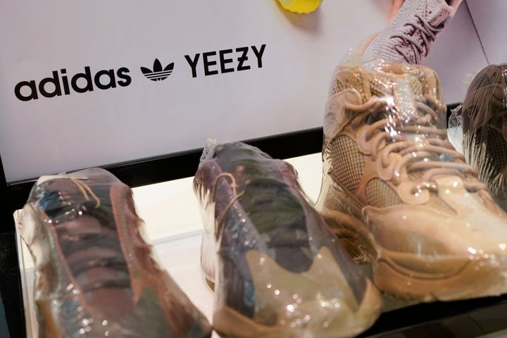A sign advertises Yeezy shoes made by Adidas in Paramus, New Jersey, on Oct. 25.