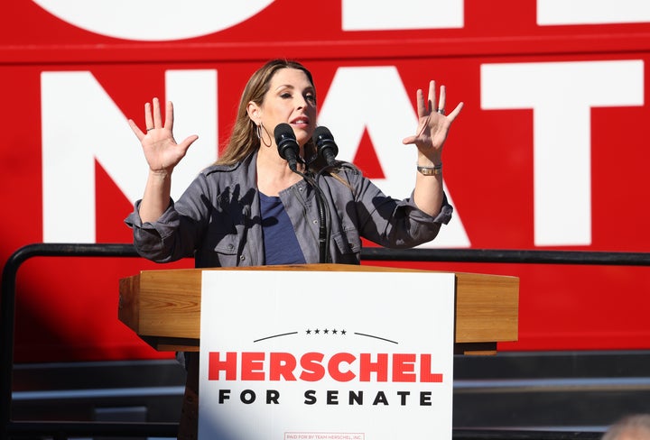 Republican National Committee Chair Ronna McDaniel speaks during a campaign rally with Georgia Republican Senate candidate Herschel Walker on Nov. 29, 2022, in Greensboro, Georgia. 