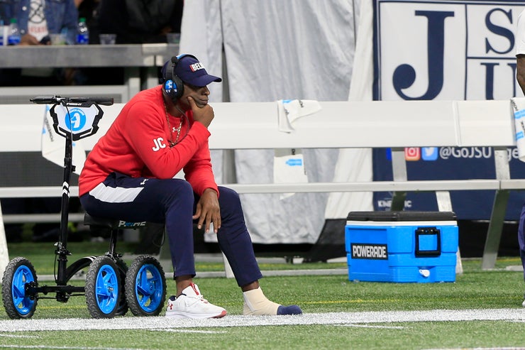 Sanders looks on during the college football Cricket Celebration Bowl game between the South Carolina State Bulldogs and the Jackson State Tigers on Dec. 18, 2021, in Atlanta. 