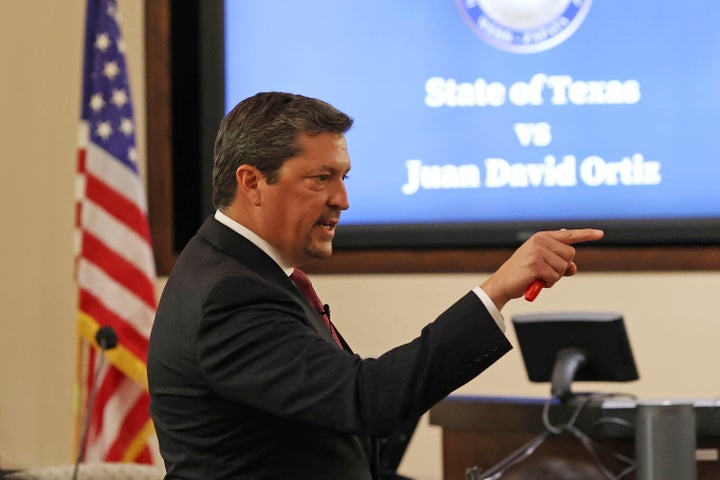 Webb County District Attorney Isidro R. "Chilo" Alaniz presents the closing argument in the capital murder trial of former U.S. Border Patrol supervisor Juan David Ortiz, at the Cadena-Reeves Justice Center in San Antonio, Texas, Wednesday, Dec. 7, 2022. (Jerry Lara/The San Antonio Express-News via AP)