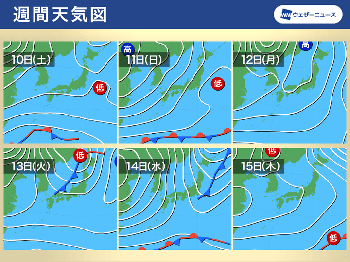 週間予想天気図 10日(土)～15日(木)