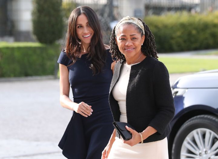 Meghan and her mother, Doria Ragland, arrive at the Cliveden House Hotel for the night before her wedding to Prince Harry on May 18, 2018, in Berkshire, England.