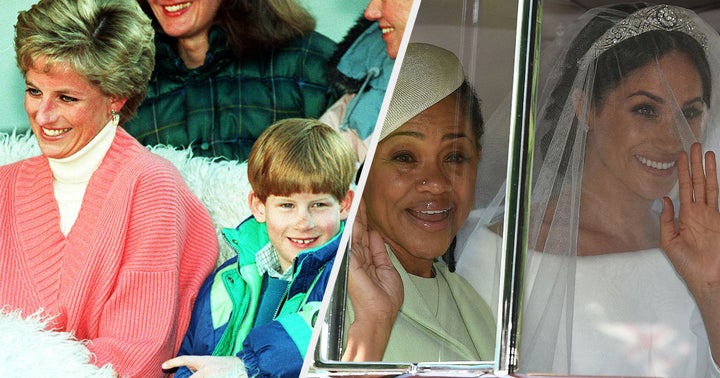 Prince Harry with the late Princess Diana, and Meghan Markle with Doria Ragland