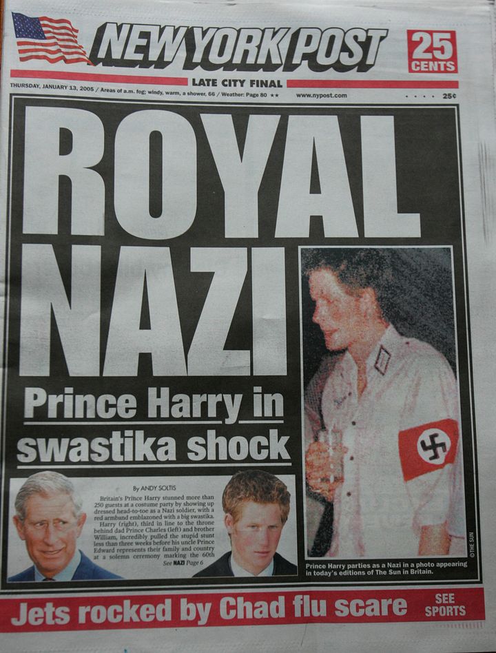 A copy of the New York Post front page shows the "Royal Nazi" headline Jan. 13, 2005, in New York City. Prince Harry reportedly attended a fancy dress party wearing a khaki uniform with an armband emblazoned with a swastika, the emblem of the German WWII Nazi Party.