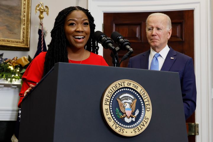 Cherelle Griner, wife of Olympian and WNBA player Brittney Griner, speaks after President Joe Biden announced her wife's release from Russian custody on Thursday.