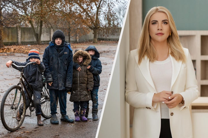 Local children who survived the Russian occupation of the village on November 29, 2022 in Borozenske, Kherson Oblast, Ukraine. And Kira Rudik, leader of the opposition liberal Golos party.