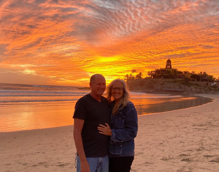 The author and her husband, Dave, on Cerritos Beach, Baja California Sur, Mexico in 2020.